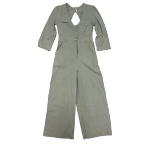 Free People Sage Green Button Front, Open Back Romper. Size SMALL 100% Cotton